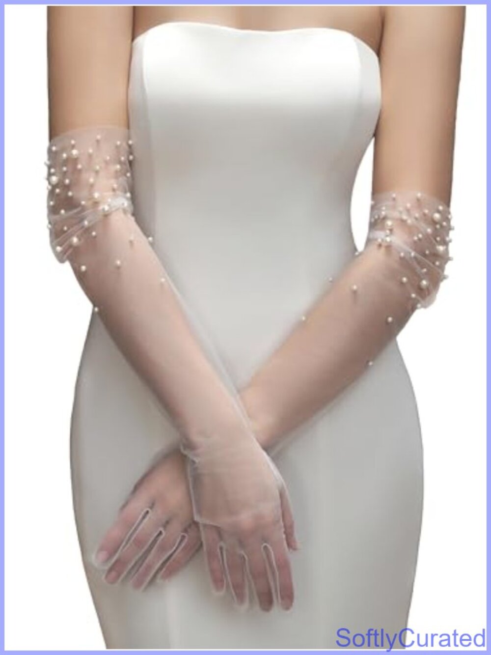 Pearl Tulle Long Wedding Gloves Sheer Bridal Sleeves Fingerless Opera Prom